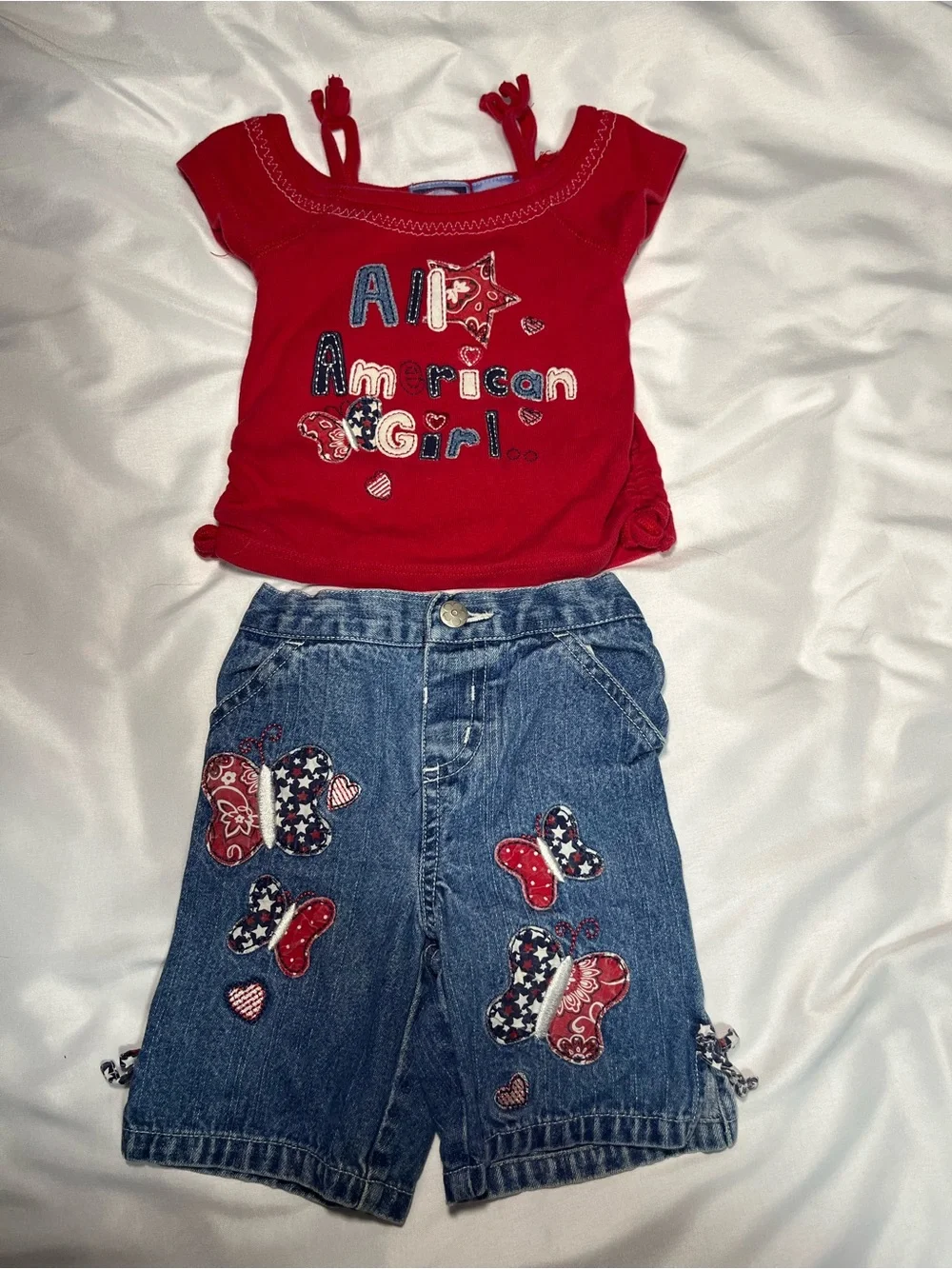 Vintage Koala Kids American Girl Patriotic 2pc Outfit Denim Shorts Red Blue 6-9M
